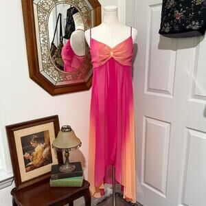VTG 90s Intimately Flora Sunset Ombre High Low Open Front Sheer Dress/Swim Cover